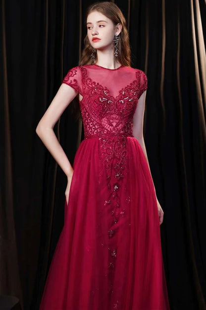 Tulle Cap Sleeve Round Neck Floor-length Prom Dress