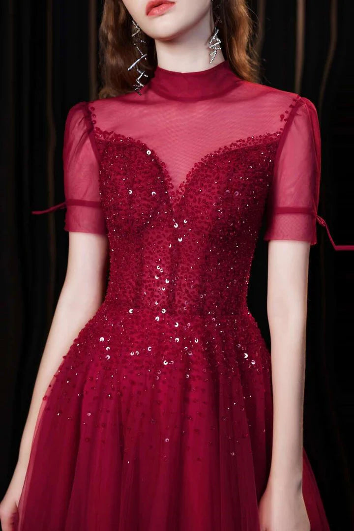 A-line Tulle High Collar Long Prom Dress with Sequins