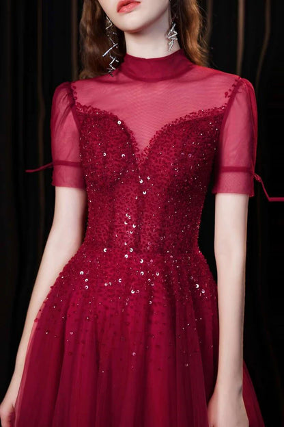 A-line Tulle High Collar Long Prom Dress with Sequins