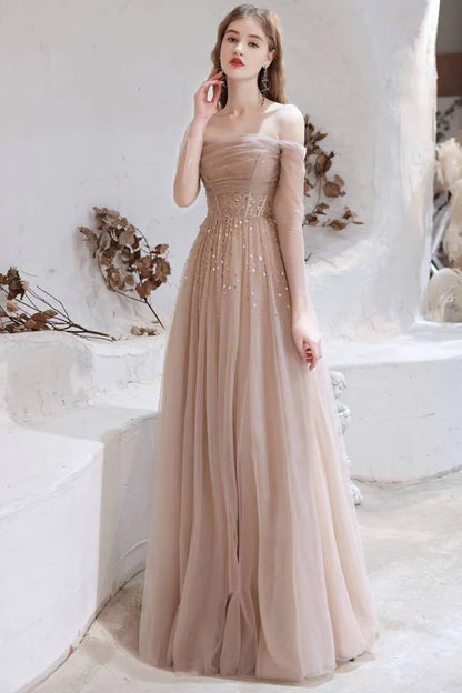 Tulle Sequins Off-the-Shoulder A-Line Prom Dress