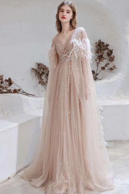 A-line Tulle V-neck Prom Gown with Feather Cape