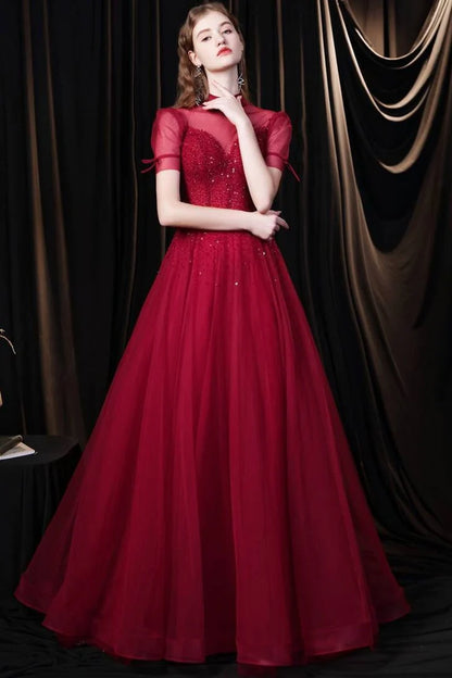 A-line Tulle High Collar Long Prom Dress with Sequins