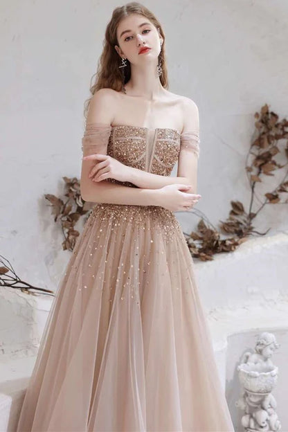A-Line  Tulle Off-the-Shoulder Prom Dress with Sequins