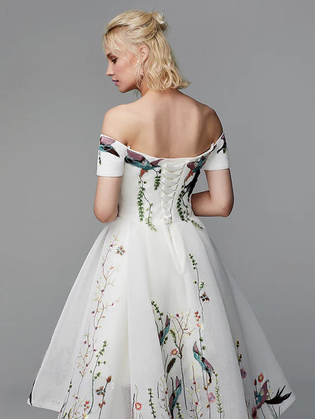 Ball Gown Elegant Floral High Low Cocktail Party Prom Valentine's Day Dress Off Shoulder Short Sleeve Asymmetrical Polyester with Embroidery