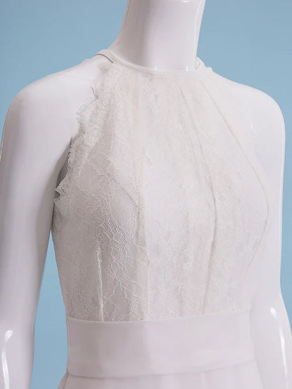 Wedding Dresses Jewel Neck Floor Length Chiffon Lace Regular Straps Floral Lace with Lace Sash Ribbonc