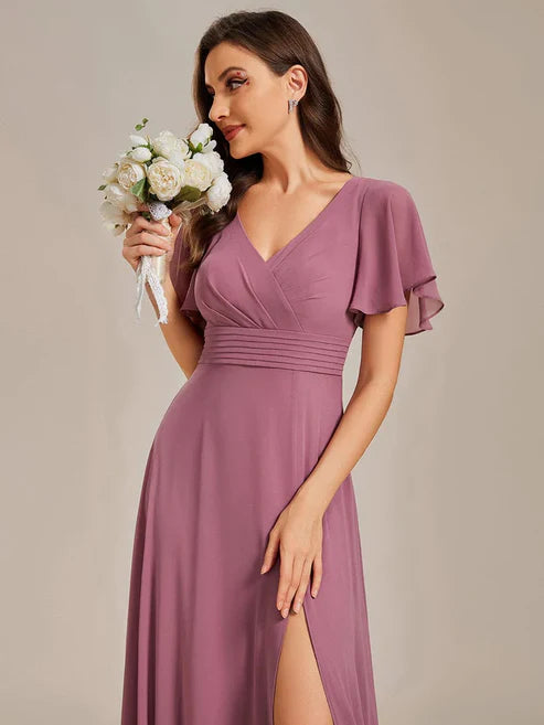 Back See-Through Swing Collar Applique Ruffles Sleeve A-Line Evening Dress/Prom Dresses Party Dresses