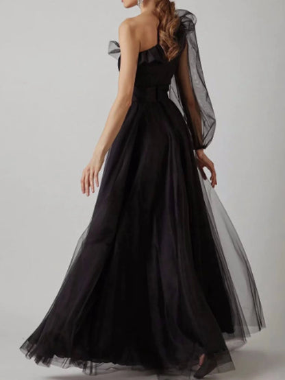 One Shoulder Black Tulle A Line Long Prom Dress