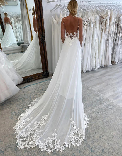 Spaghetti-Straps Open Back Wedding Dress Sleeveless With Appliques