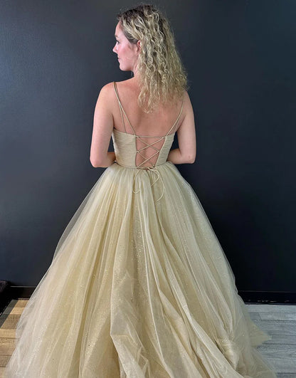 A Line V Neck Tulle Long Prom Dress
