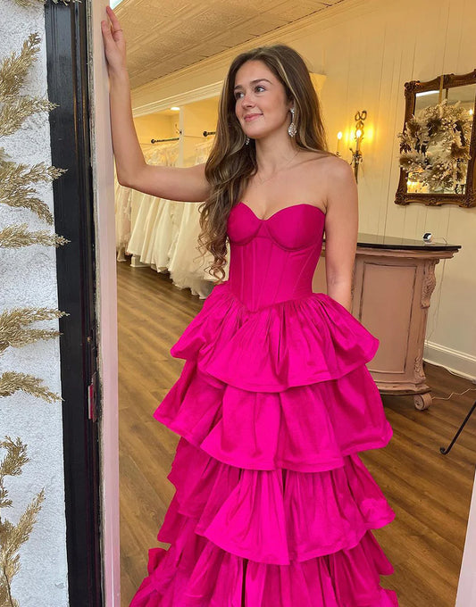 A Line Off The Shoulder Tiered Long Prom Dress