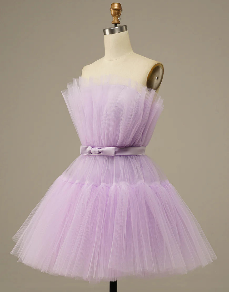 Purple Strapless Off-the-Shoulder Tulle Homecoming Dress