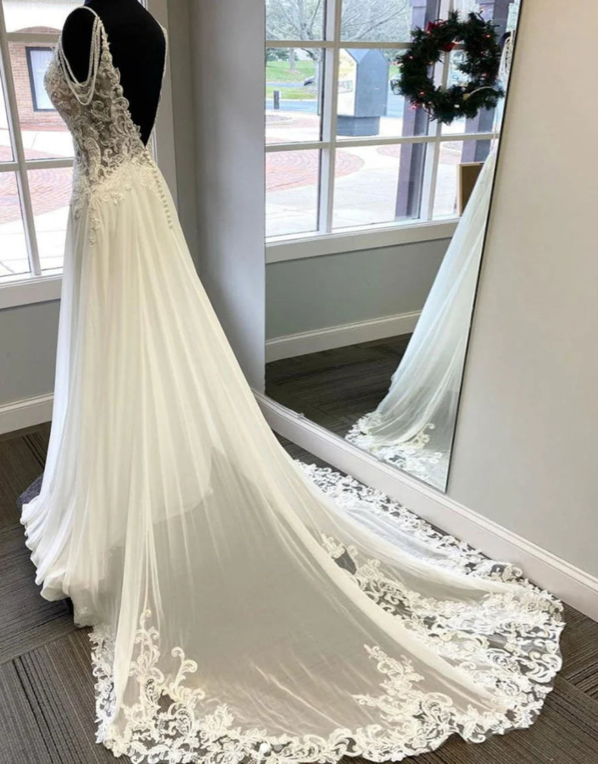 Spaghetti Straps Open Back Long Bridal Dress