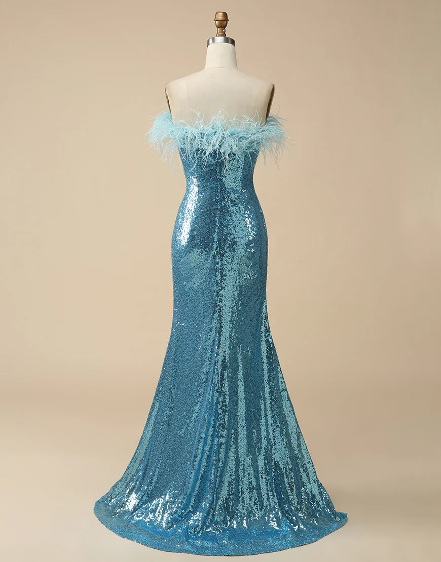 Strapless Feathers Side Slit Sequin Prom Dress