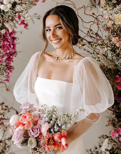 Sheath Wedding Dress with Puff Sleeves