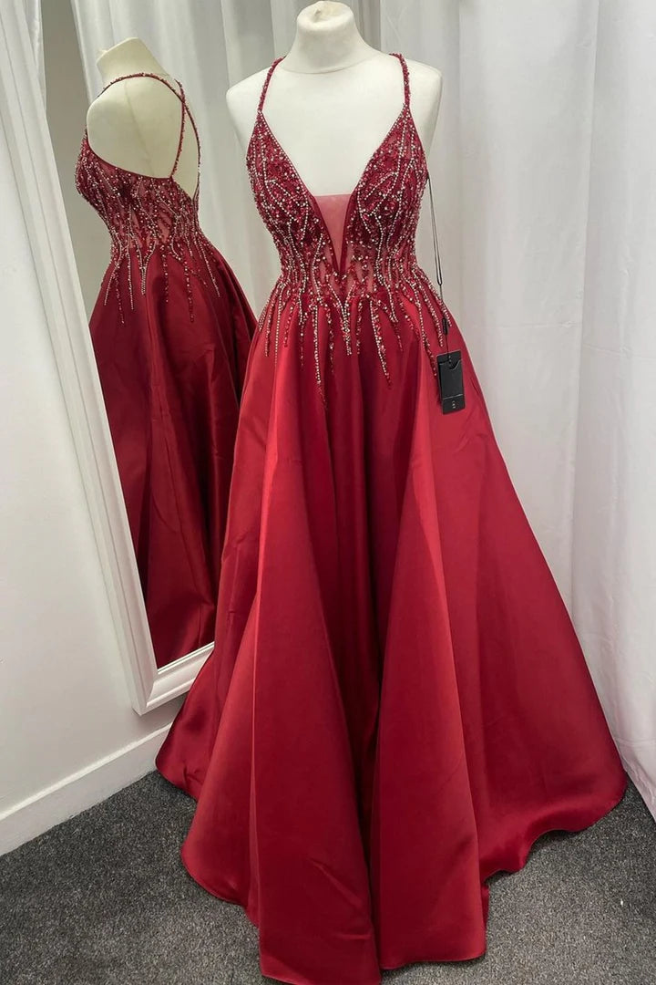 Satin Beaded V-Neck Backless Long Prom Dress