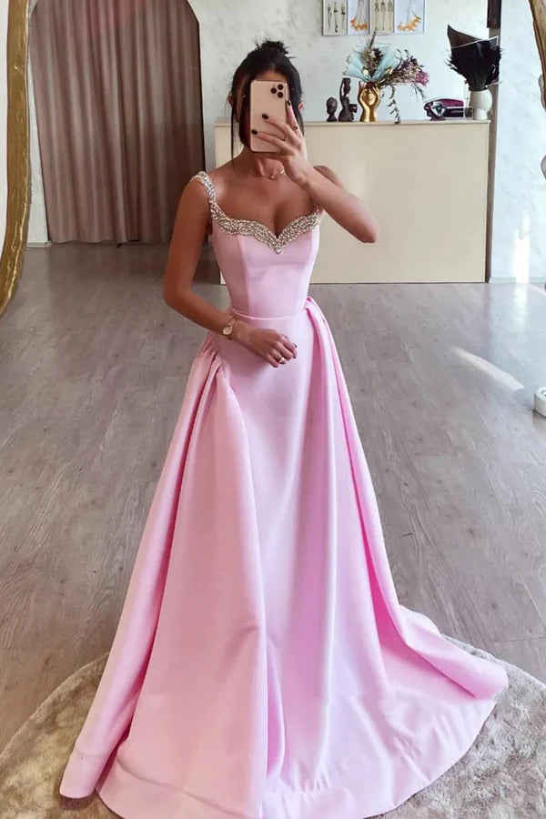 A Line Pink Satin Long Prom Dresses with Beadings