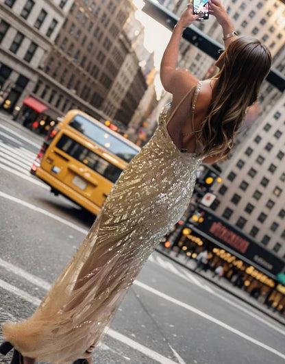 Sparkly Golden A Line Long Prom Dress With Slit