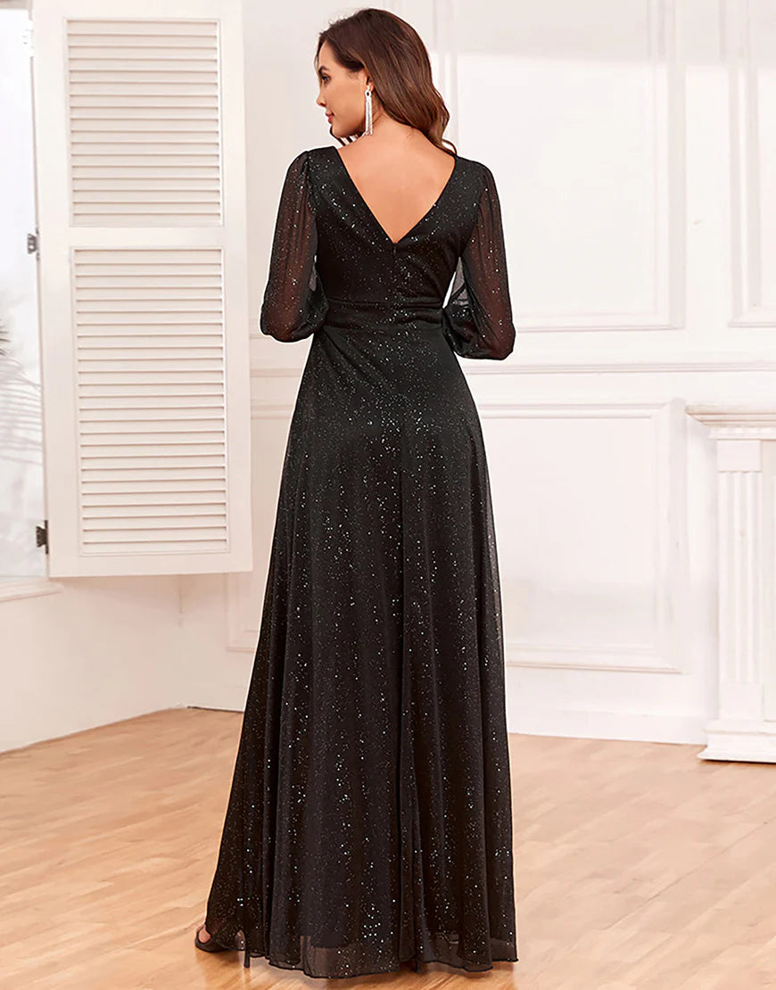 A-Line Long Sleeves Black Mother of The Bride Dress with Slit