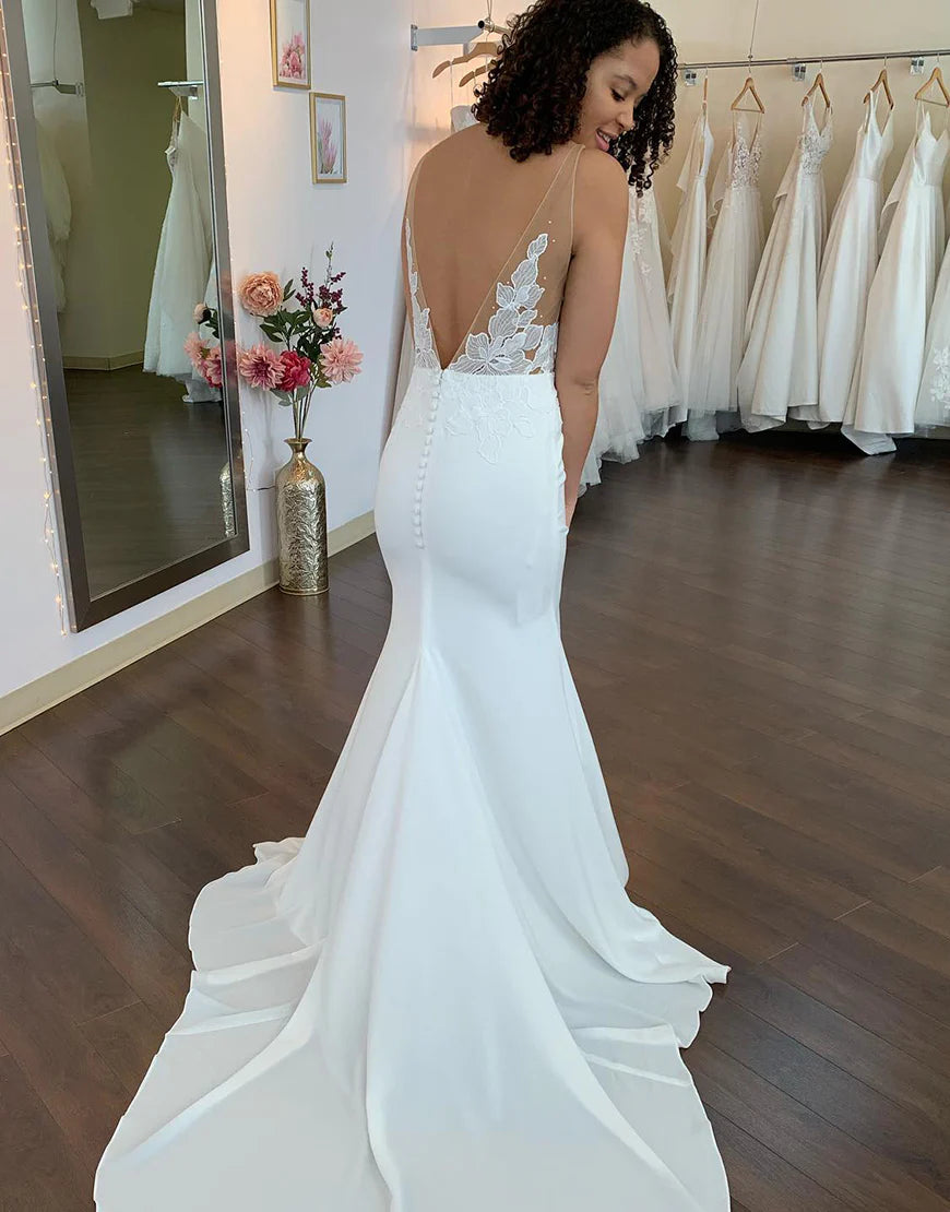 Sexy Boho Plunging Backless Lace Appliques Wedding Dress