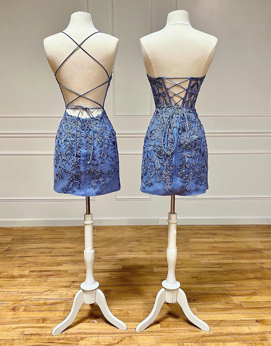 Blue Lace Mini Homecoming Dress