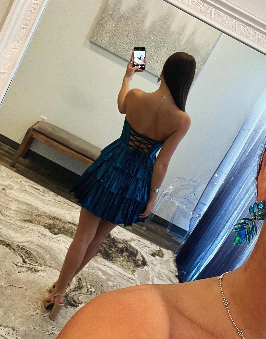 A Line Sparkly Peacock Blue Short Homecoming Dress