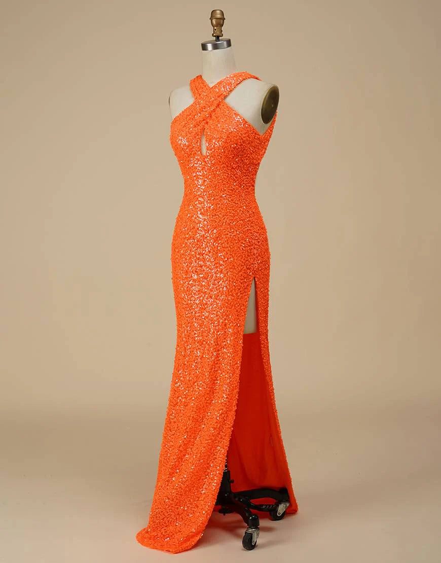 Halter Sequin Backless Prom Dress with Split