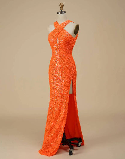 Halter Sequin Backless Prom Dress with Split
