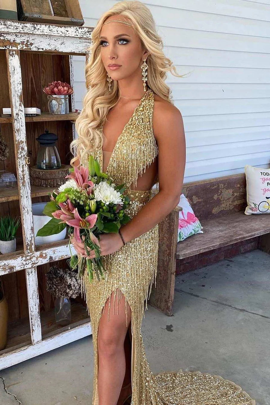 Sequin Fringe Halter Long Prom Dress with Slit