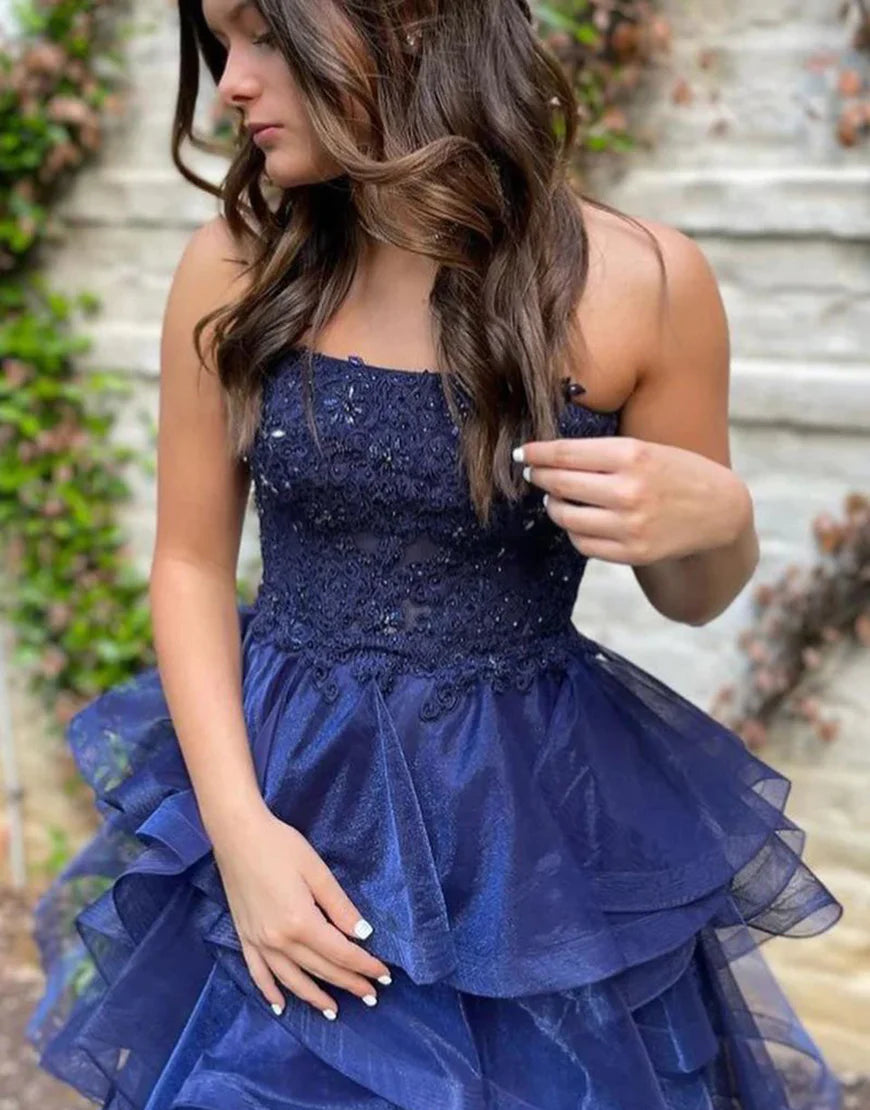 A Line Tulle Tiered Homecming Dress with Appliques