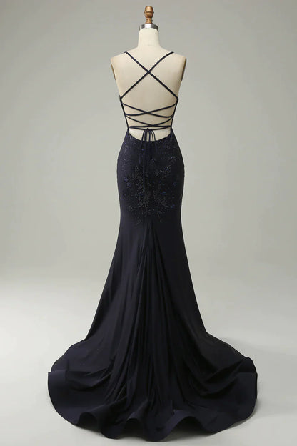 Spaghetti Straps Beaded Prom Dress with Split