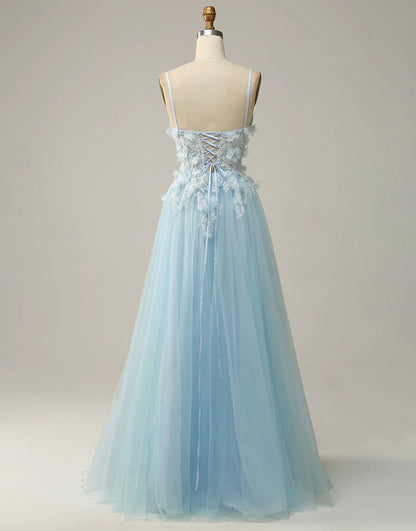 A Line Spaghetti Straps Sky Blue Prom Dress with Appliques