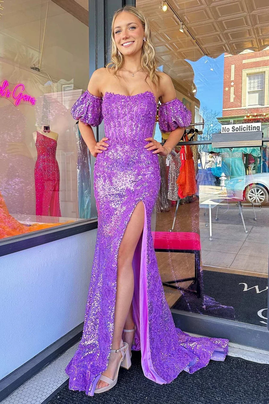 Sequin Strapless Mermaid Long Prom Dress with Puff Sleeves