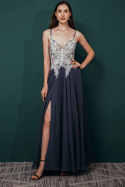 A-line Lace Applique Chiffon Long Prom Dress