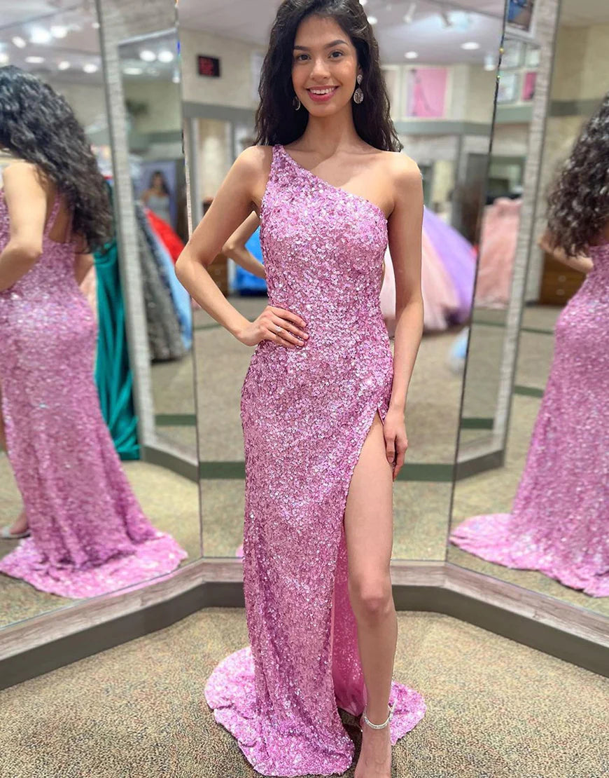 One Shoulder Sequin Prom Dress With Slit