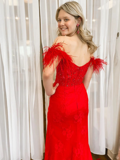 Off the Shoulder Prom Dress With Feathers