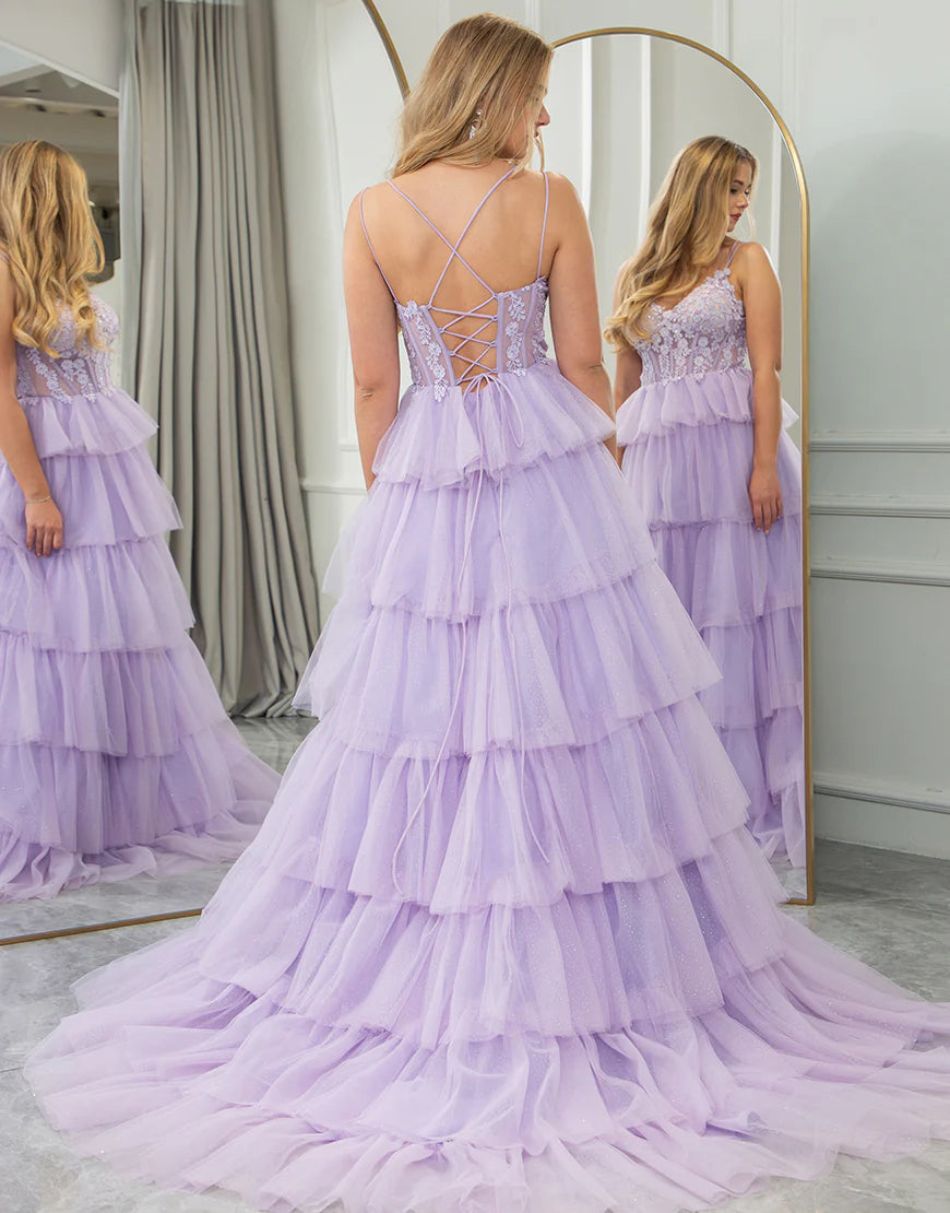A Line Tiered Long Prom Dress With Appliques