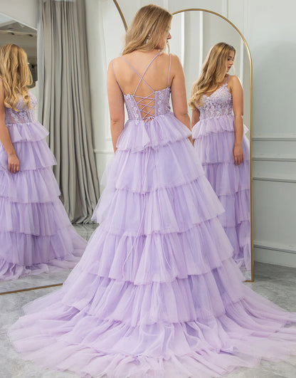 A Line Tiered Long Prom Dress With Appliques