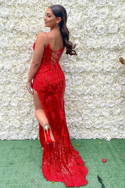 Sequin Appliques Cold-Shoulder Long Prom Gown with Slit