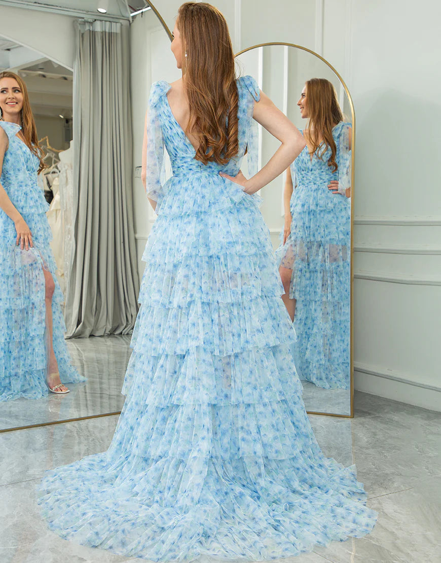 A Line Tiered Long Prom Dress With Slit