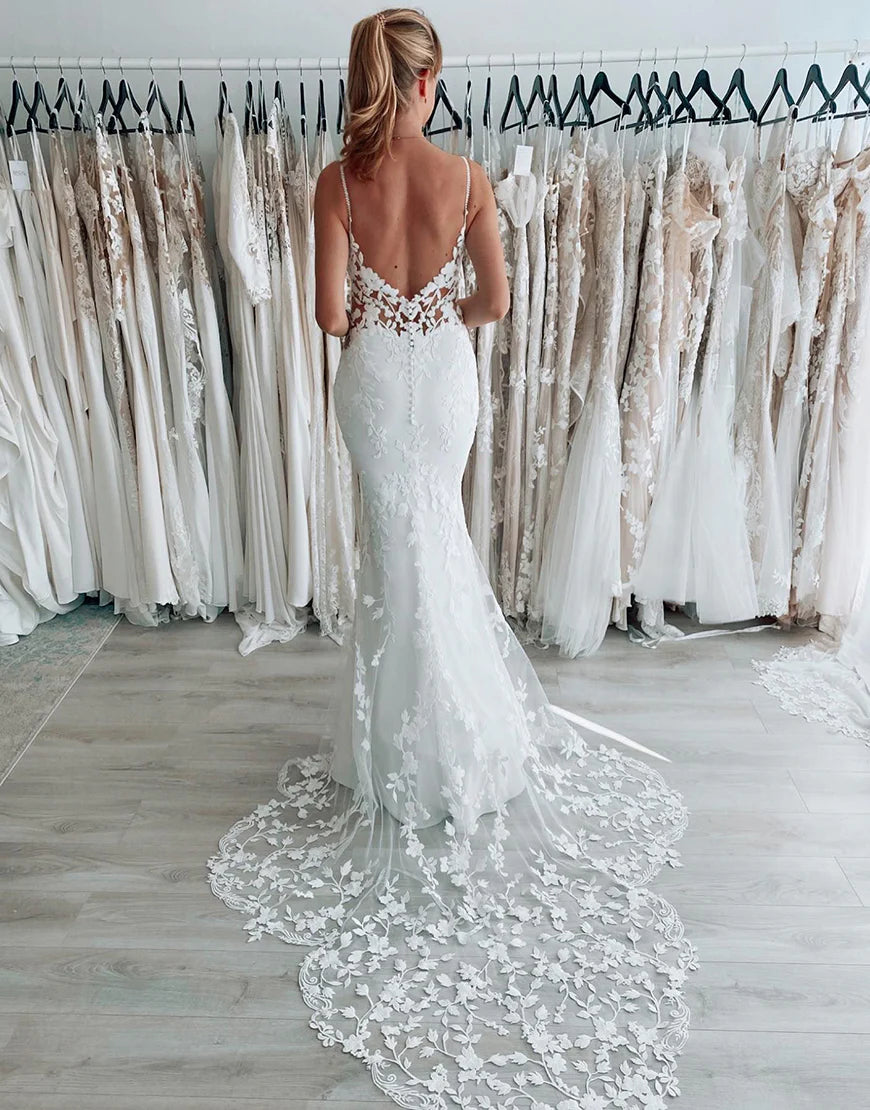 Spaghetti Straps Backless Long Wedding Dress with Lace