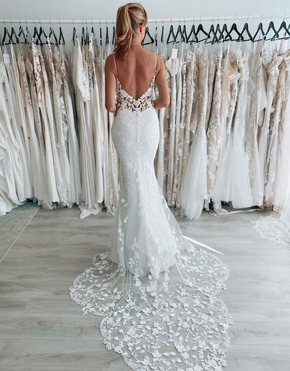 Spaghetti Straps Backless Long Wedding Dress with Lace