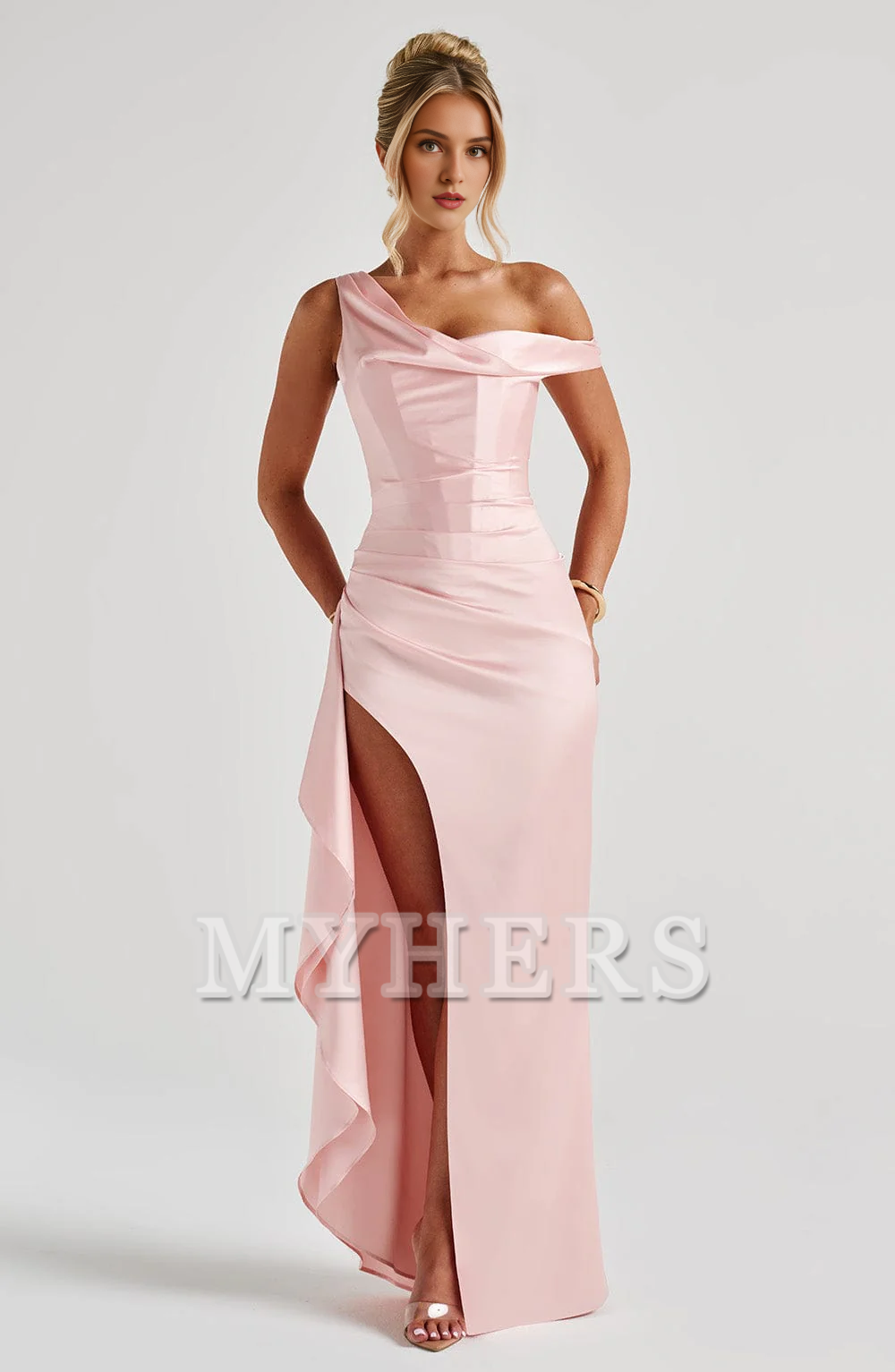 Asymmetric straps Ruched Thigh High Slit Charming Dresses Bridesmaid Dresses Wedding Guests Dresses