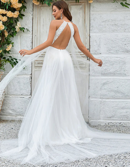 Open Back Tulle Sweep Train Wedding Dress with Lace
