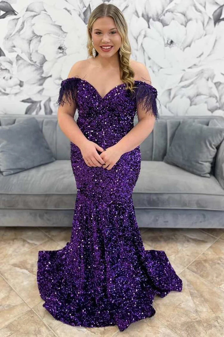 Sequin Feather Straps Mermaid Long Prom Dress