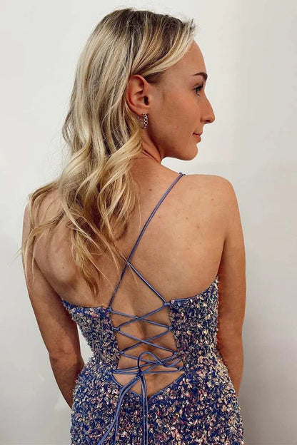 Sequin V-Neck Fringe Mermaid Long Prom Dress