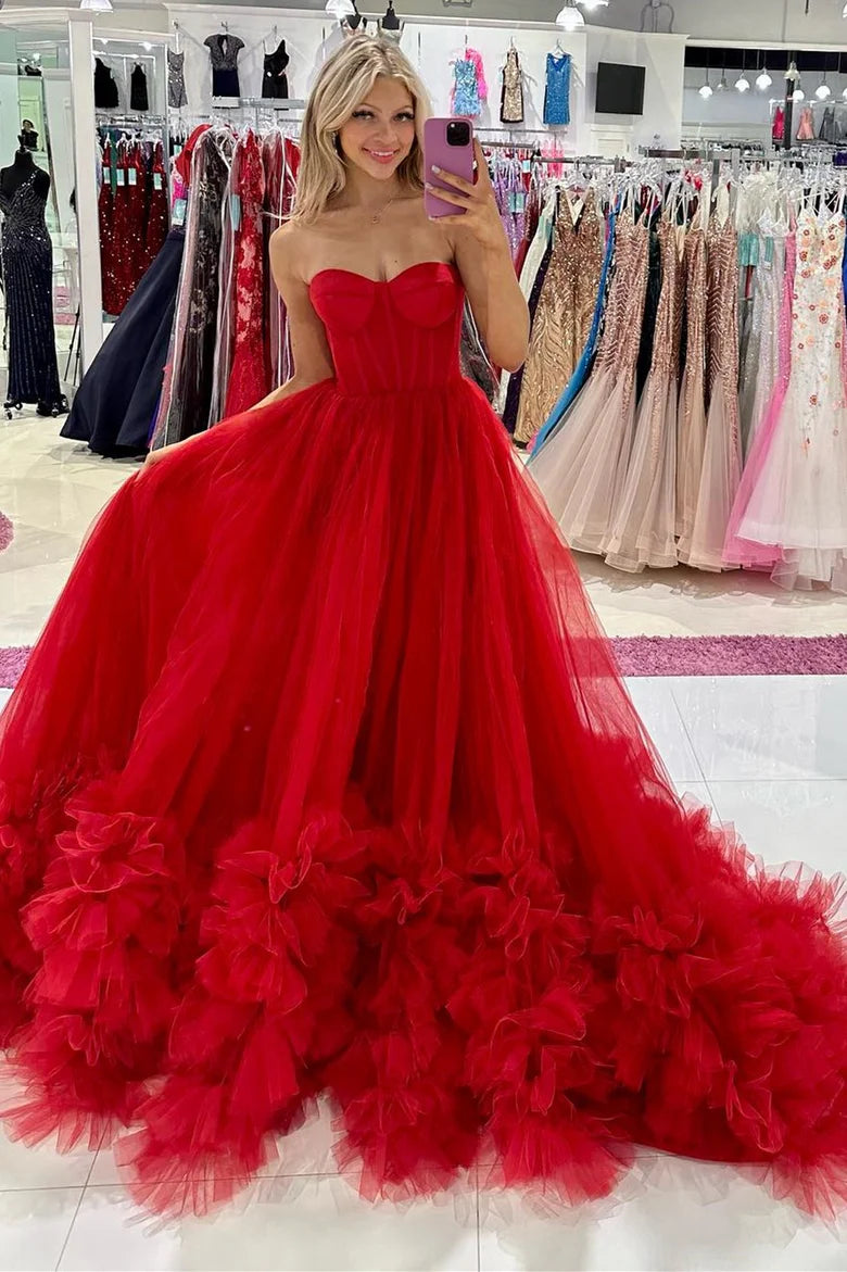 Tulle Strapless Tiered Ball Gown with Ruffles