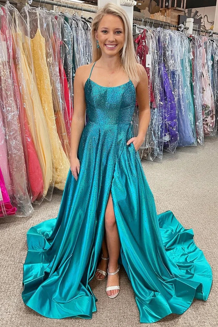 Beaded Halter Backless A-Line Prom Dress