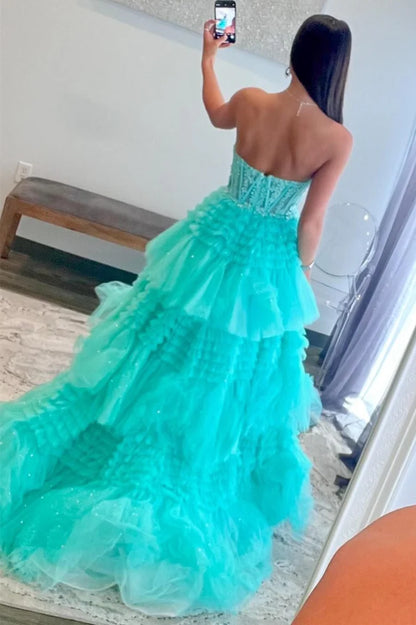 Tulle Sweetheart Tiered A-Line Long Prom Dress with Ruffles