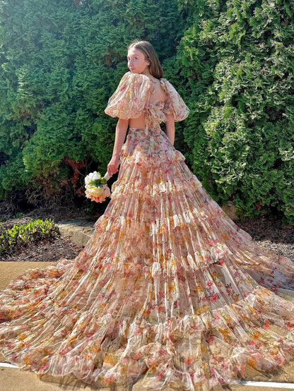 Square Neck A Line 2 Piece Flower Long Prom Dress