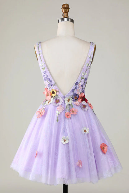 3D Floral V-Neck Backless Homecoming Dress